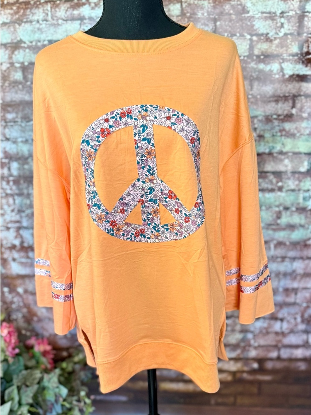 Women’s Peach Floral Peace Sign Pullover Hoodie